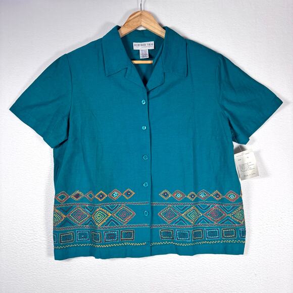 BEDFORD FAIR Women's Button Front Embroidered Shirt Teal Cropped Top Size 16 - Picture 1 of 6